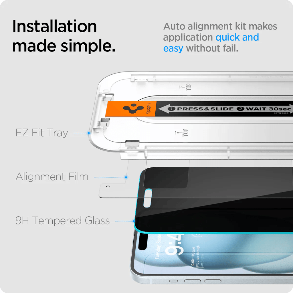 Vidrio Templado para iPhone 15 Plus / 16 Plus - Spigen GLAS.tR EZ Fit Privacy (Pack de 2)