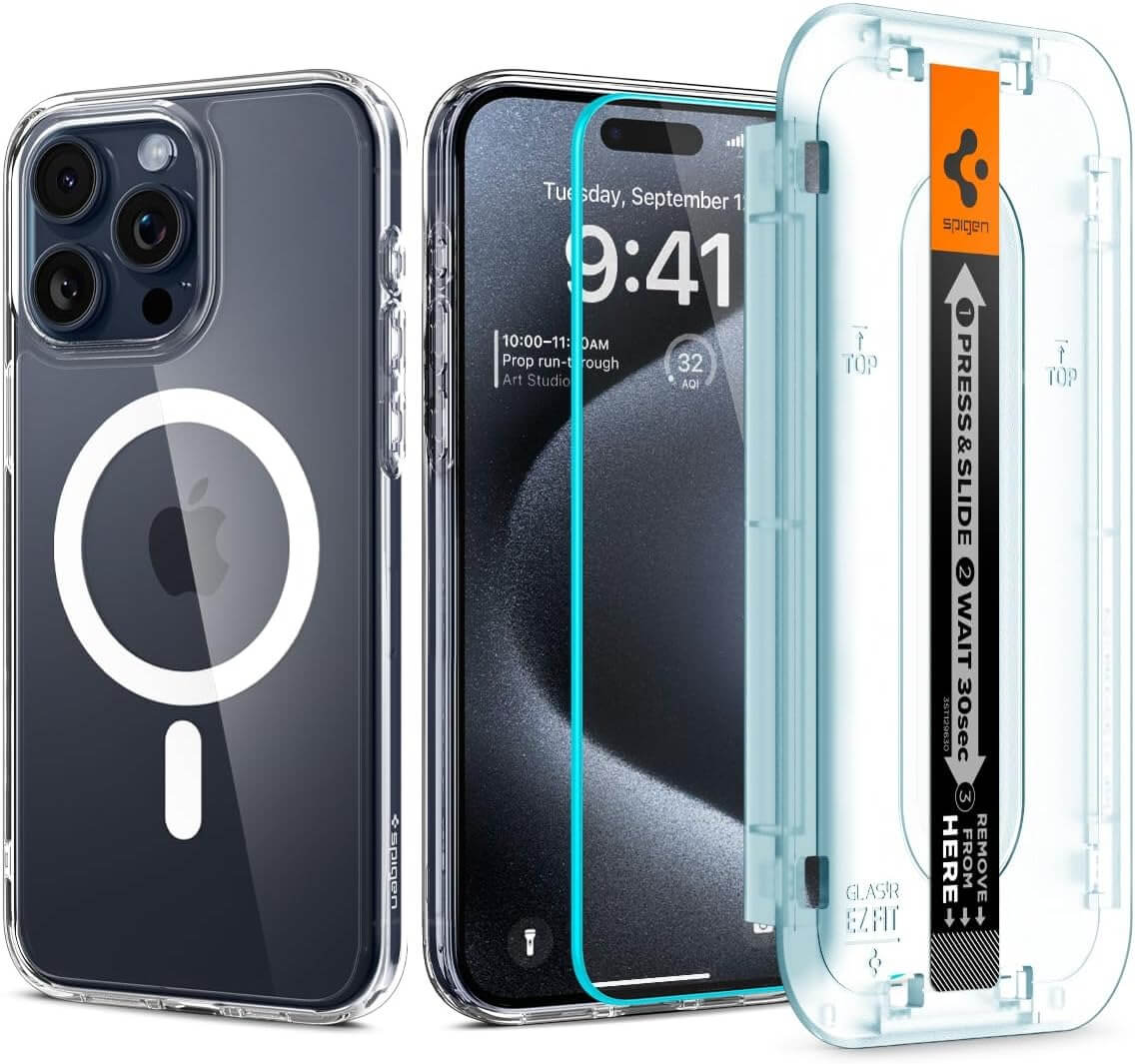 Combo para iPhone 15 Pro Max - Spigen Ultra Hybrid + Vidrio Templado Crystal Clear Pack