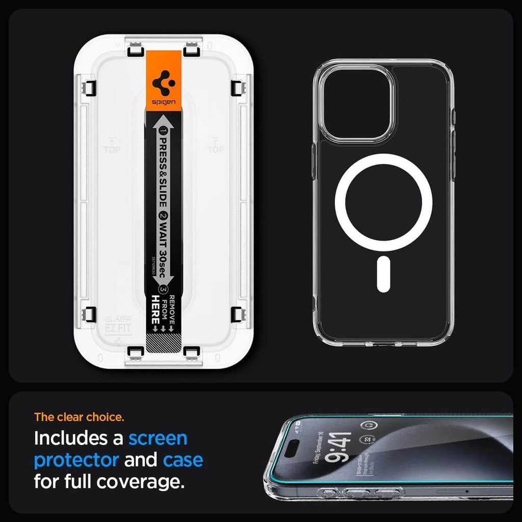 Combo para iPhone 15 Pro Max - Spigen Ultra Hybrid + Vidrio Templado Crystal Clear Pack