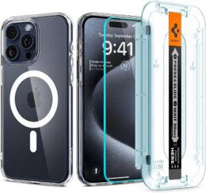 Combo para iPhone 15 Pro Max - Spigen Ultra Hybrid + Vidrio Templado Crystal Clear Pack